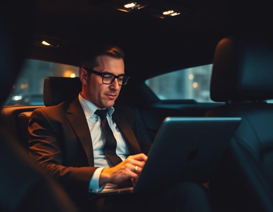 Executive working on a laptop in the back of a chauffeured sedan — corporate car service in Lithonia, GA