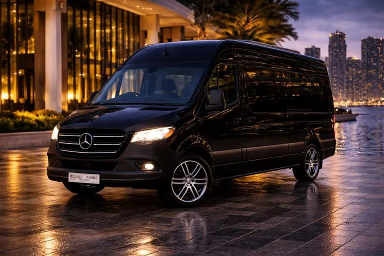 Executive van at a lit hotel entrance at night — hotel transfer and airport shuttle service in Lithonia, GA