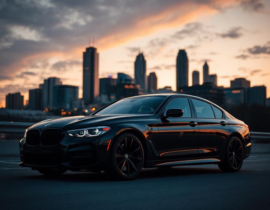 Black executive sedan against the Atlanta skyline at dusk — black car and town car service in Lithonia, GA